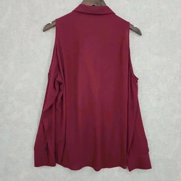 Express Slim Fit Cold Shoulder Ling sleeve Button up Chiffon Blouse L Red 3525P - Picture 6 of 8